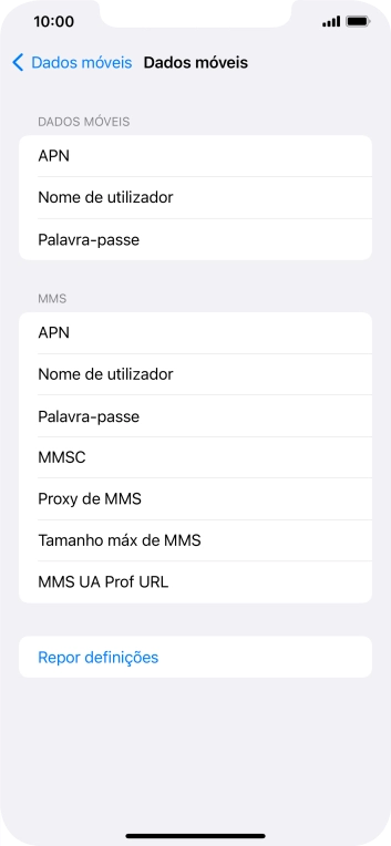 Prima APN e insira net2.vodafone.pt.