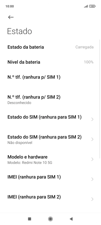 O código IMEI é mostrado no ecrã.