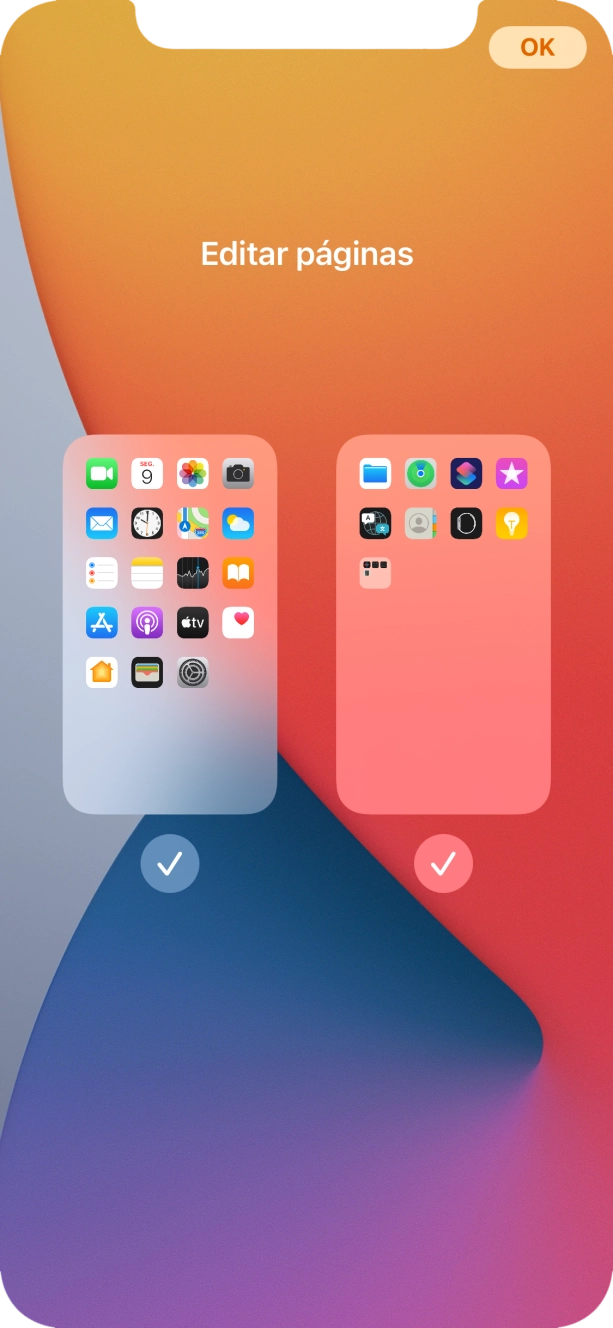Prima os campos sob as páginas do ecrã inicial pretendidas, para ativar ou desativar a exibição de páginas.