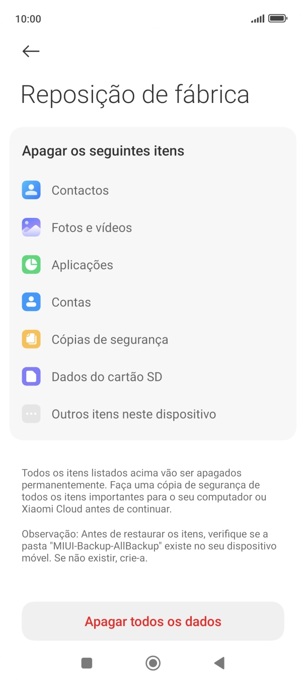 Prima Apagar todos os dados.