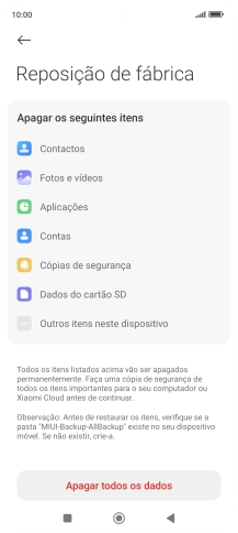 Prima Apagar todos os dados.