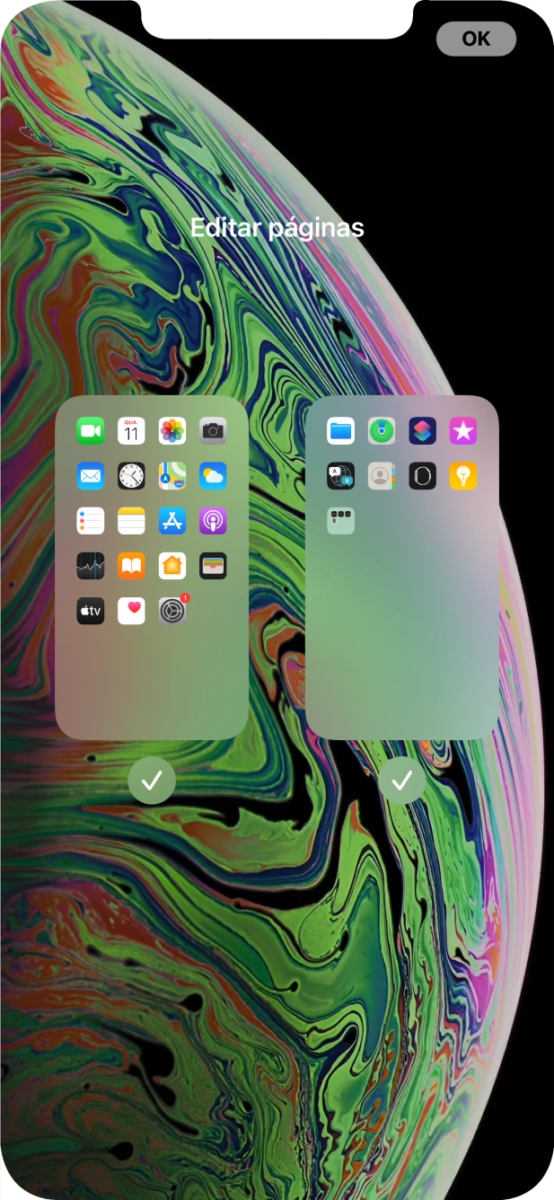 Prima os campos sob as páginas do ecrã inicial pretendidas, para ativar ou desativar a exibição de páginas.