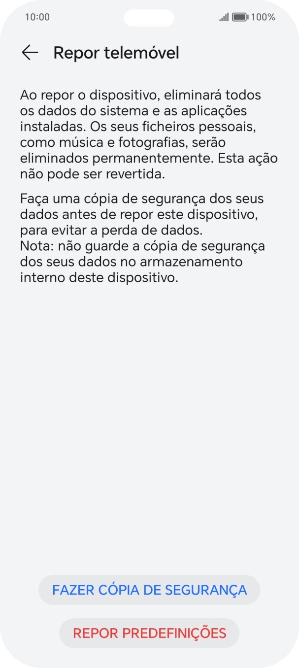 Prima REPOR PREDEFINIÇÕES. Aguarde um momento enquanto o telefone restabelece as definições originais. Siga as indicações no ecrã para configurar o telefone de modo que este fique pronto a ser utilizado.