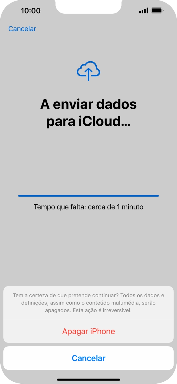 Introduza a password do ID Apple e prima Apagar iPhone. Aguarde um momento enquanto o telefone restabelece as definições originais. Siga as indicações no ecrã para configurar o telefone de modo que este fique pronto a ser utilizado.