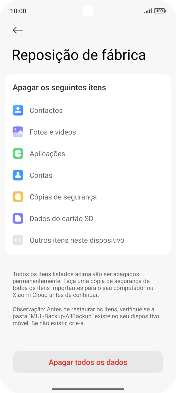Prima Apagar todos os dados.
