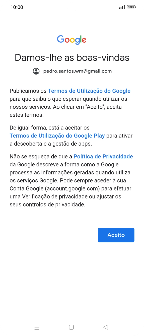 Prima Aceito e siga as indicações no ecrã para escolher as definições da conta Google.