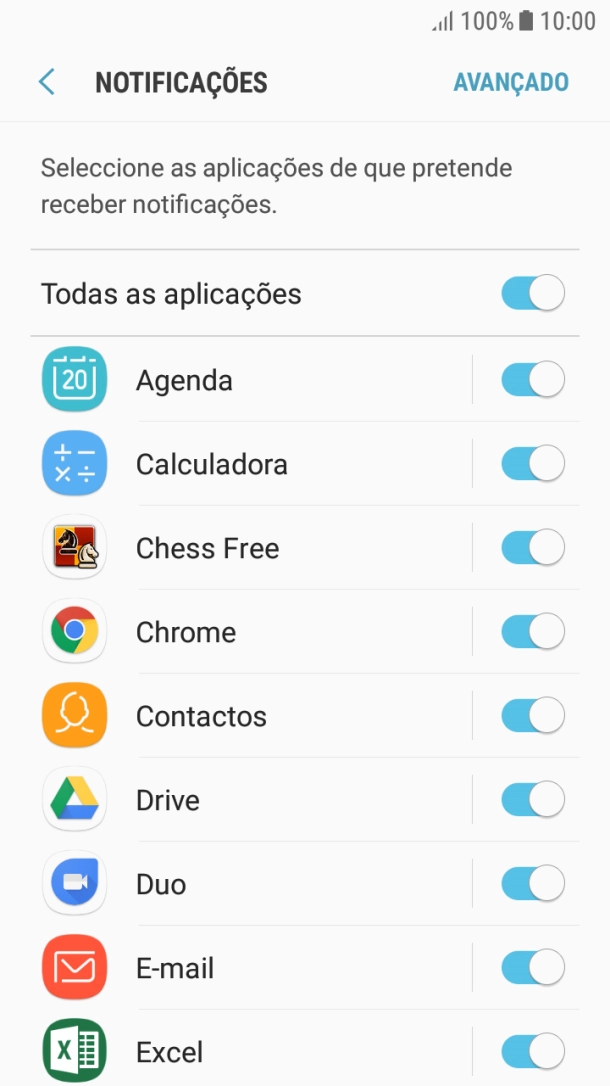 Prima o indicador junto à app pretendida para ativar ou desativar a função.