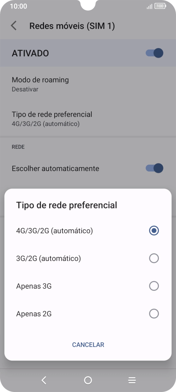 Prima o tipo de rede pretendido.