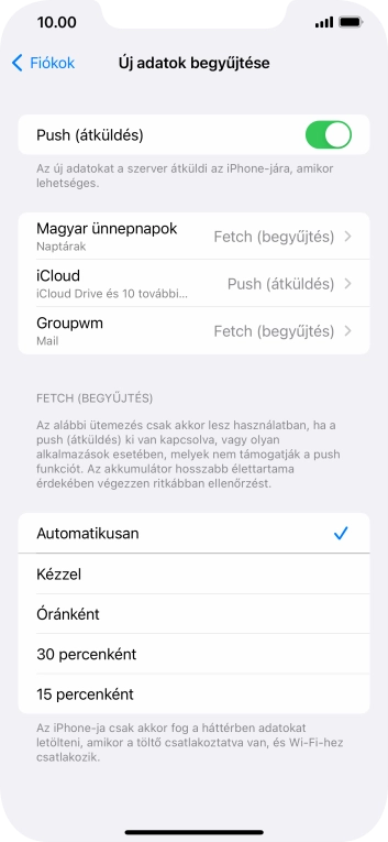 Kattints a „Push (átküldés)” melletti csúszkára a funkció be- vagy kikapcsolásához.