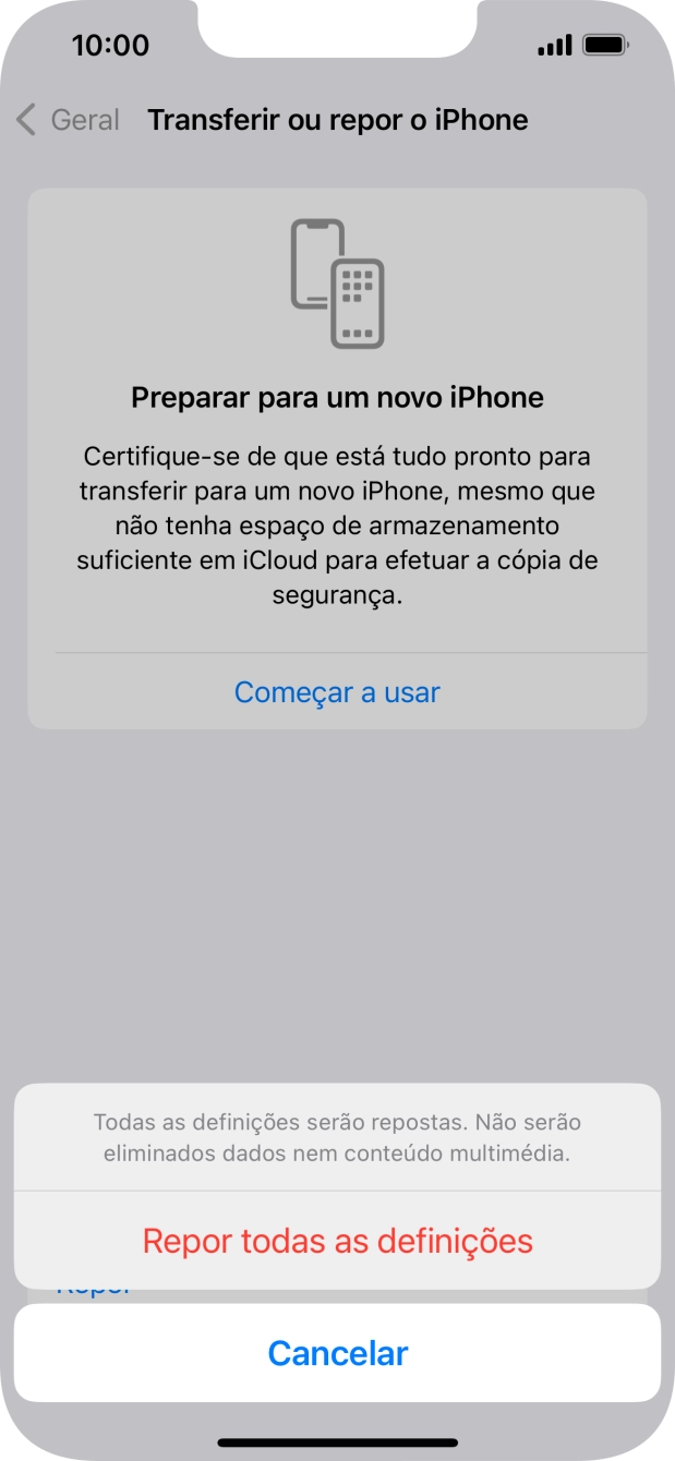 Prima Repor todas as definições.