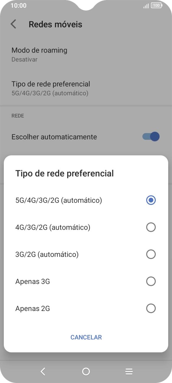Prima o tipo de rede pretendido.