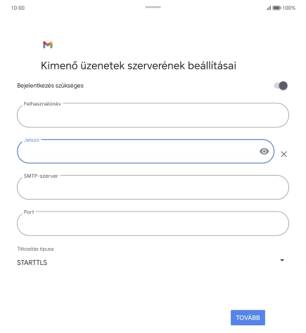 Kattints az „SMTP-szerver” alatti mezőre, és írd be az e-mail szolgáltatód kimenő szerverének a nevét.