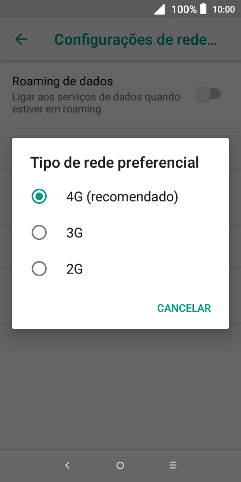 Prima o tipo de rede pretendido.