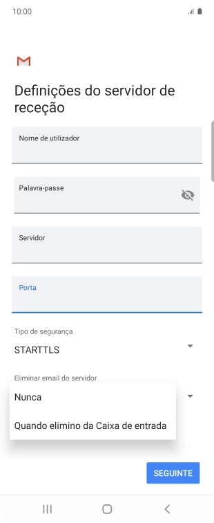Prima Nunca para manter os e-mails no servidor quando estes são apagados no telefone.