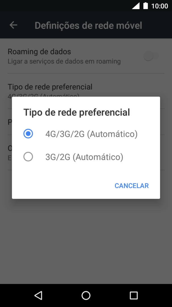 Prima o tipo de rede pretendido.