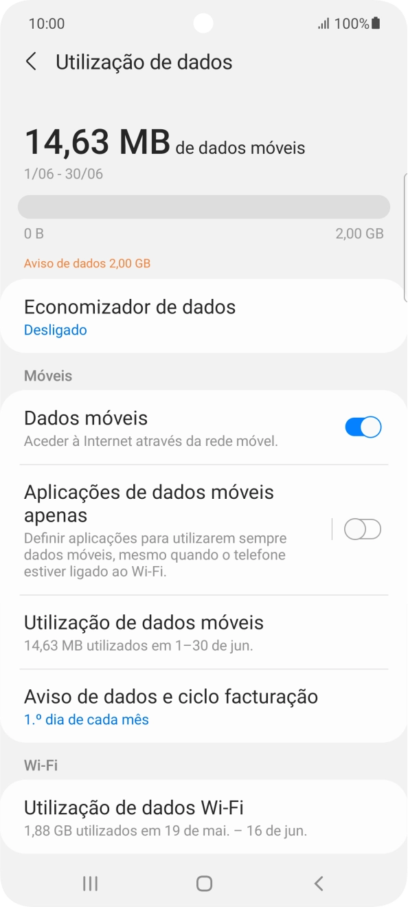 O consumo total de dados é agora mostrado no ecrã.