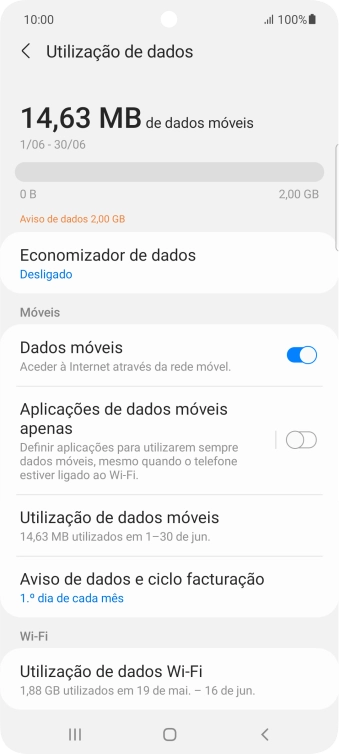 O consumo total de dados é agora mostrado no ecrã.