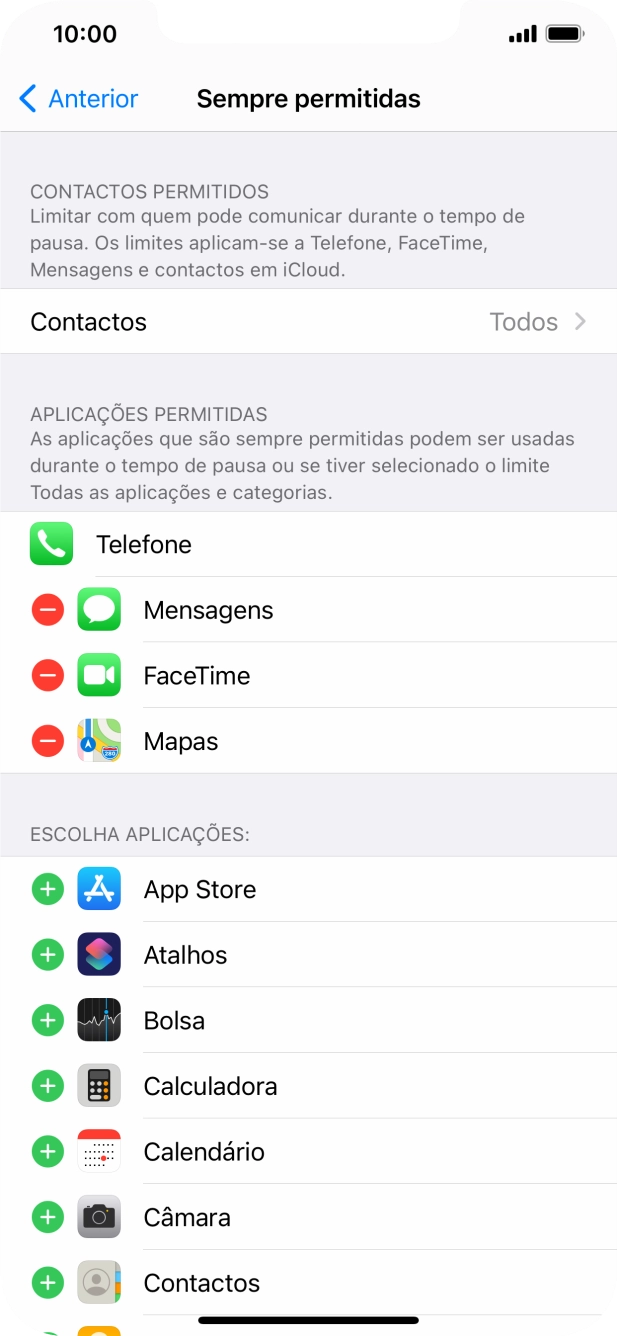 Prima o ícone para adicionar junto da app pretendida para a adicionar à lista de apps permitidas durante o Tempo de pausa.