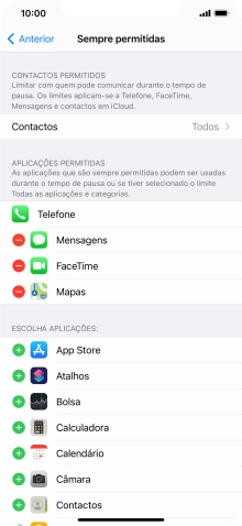 Prima o ícone para adicionar junto da app pretendida para a adicionar à lista de apps permitidas durante o Tempo de pausa.