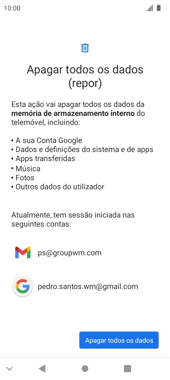 Prima Apagar todos os dados.