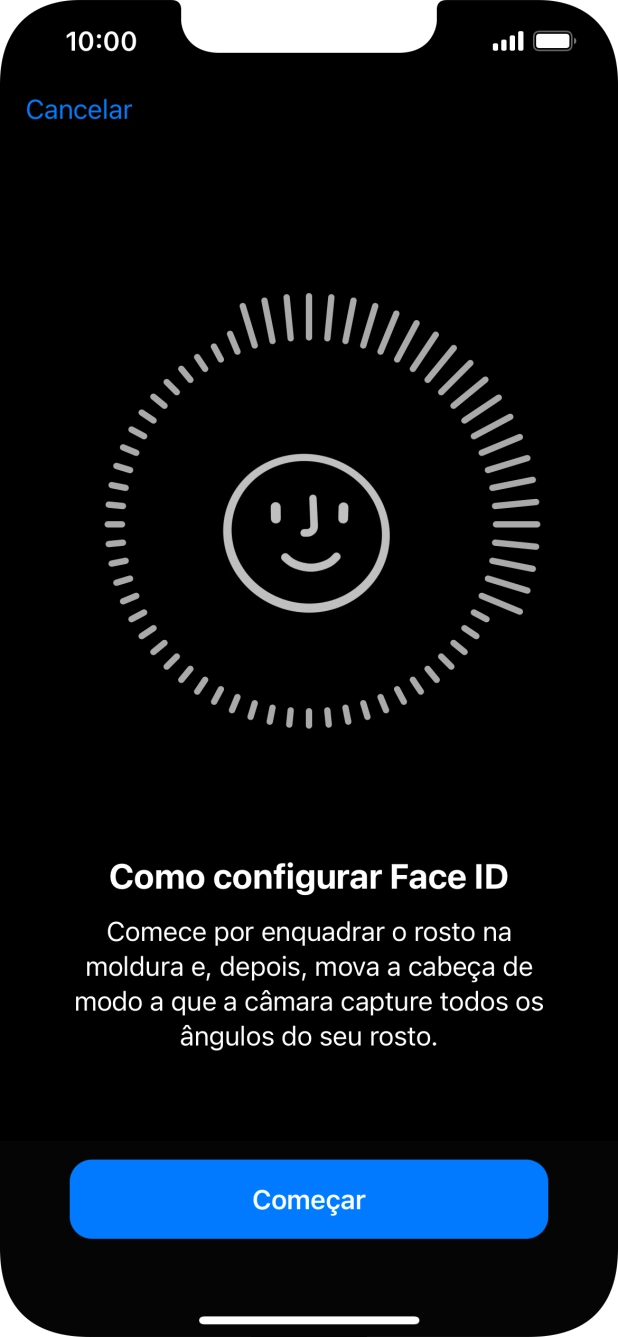 Prima Começar e siga as indicações no ecrã para estabelecer um código de reconhecimento facial (Face ID).