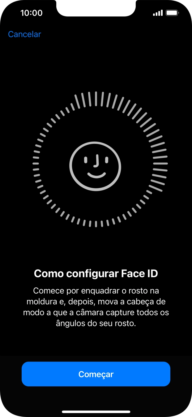 Prima Começar e siga as indicações no ecrã para estabelecer um código de reconhecimento facial (Face ID).