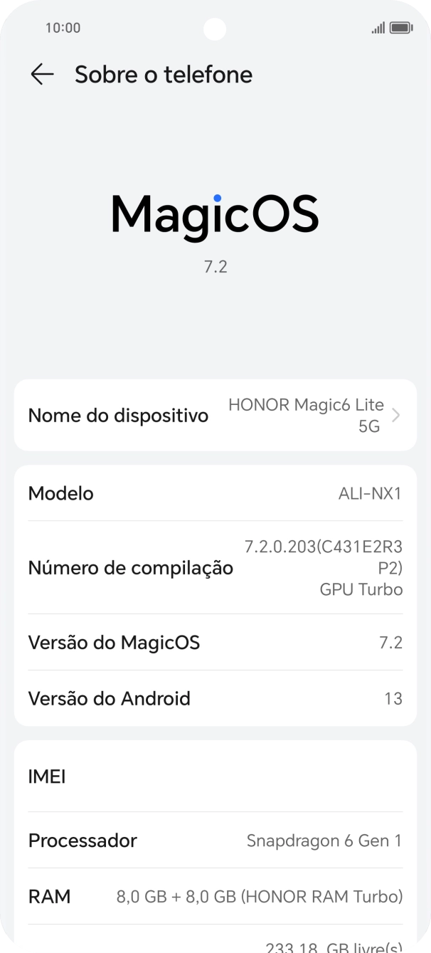O código IMEI é mostrado no ecrã.
