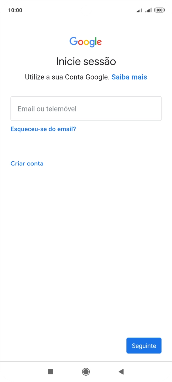 Se não tiver uma conta Google, prima Criar conta e siga as indicações no ecrã para criar uma conta.