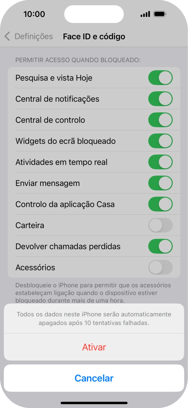 Se ativar a função, prima Ativar.