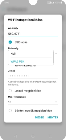 Válaszd a WPA2 PSK lehetőséget, ha jelszóval szeretnéd védeni a Wi-Fi hotspotodat.