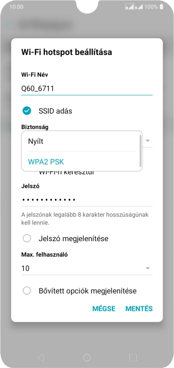 Válaszd a WPA2 PSK lehetőséget, ha jelszóval szeretnéd védeni a Wi-Fi hotspotodat.