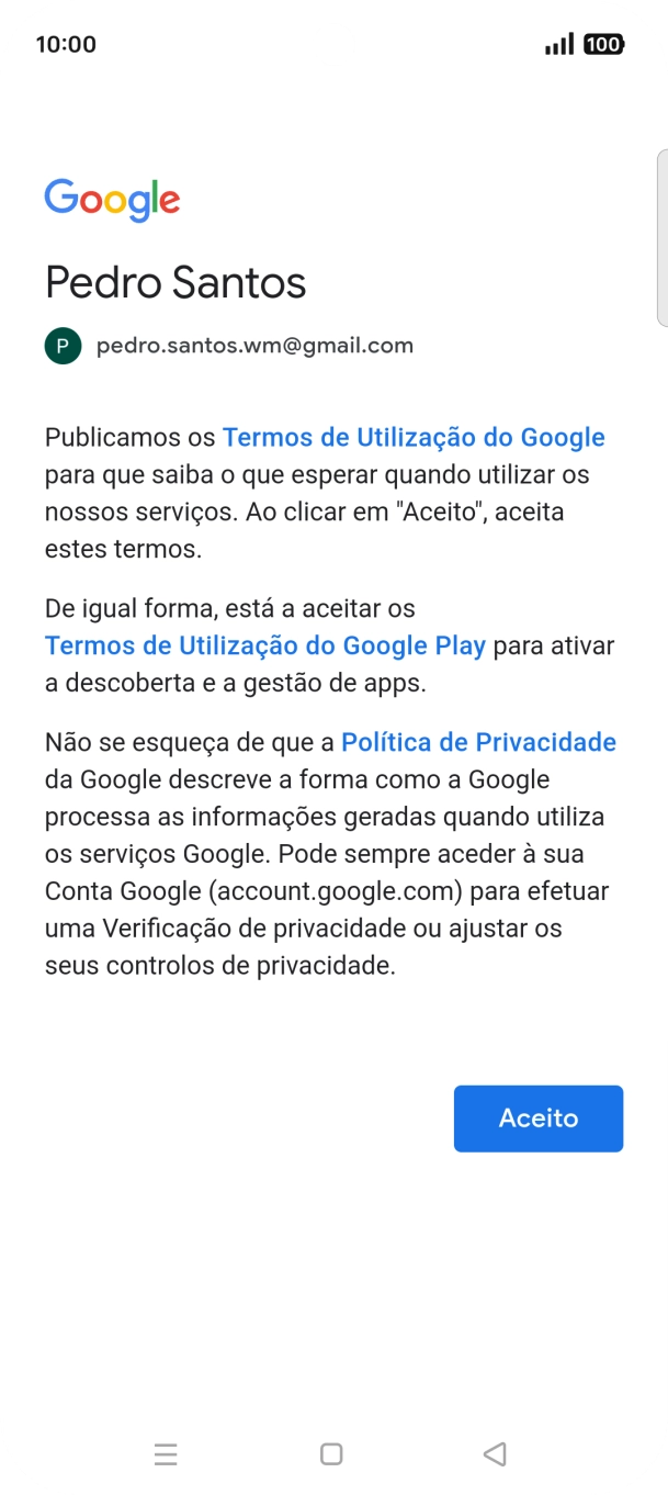 Prima Aceito e siga as indicações no ecrã para escolher as definições da conta Google.