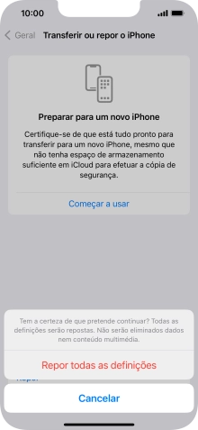 Prima Repor todas as definições. Aguarde um momento enquanto o telefone restabelece as definições originais. Siga as indicações no ecrã para configurar o telefone de modo que este fique pronto a ser utilizado.