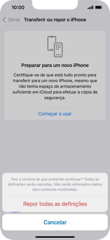 Prima Repor todas as definições. Aguarde um momento enquanto o telefone restabelece as definições originais. Siga as indicações no ecrã para configurar o telefone de modo que este fique pronto a ser utilizado.