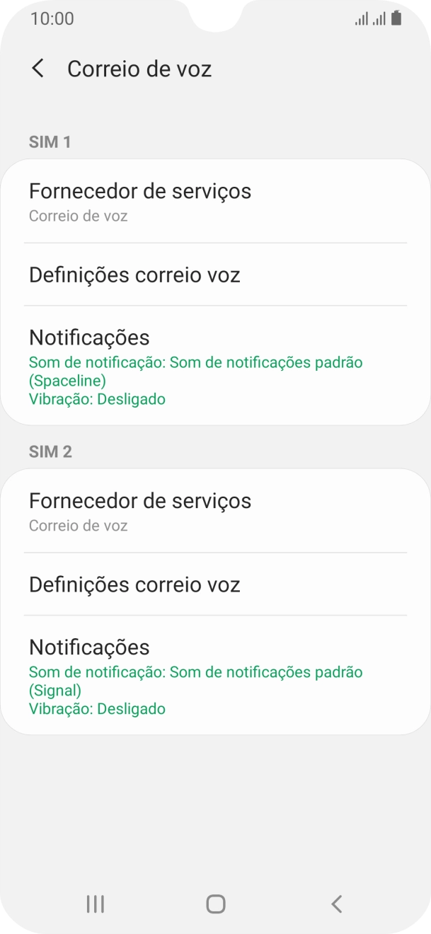 Prima Definições correio voz sob o cartão SIM pretendido.
