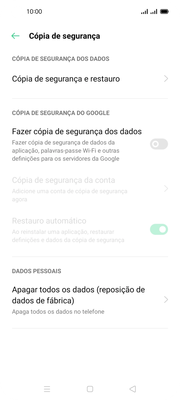 Prima Apagar todos os dados (reposição de dados de fábrica).
