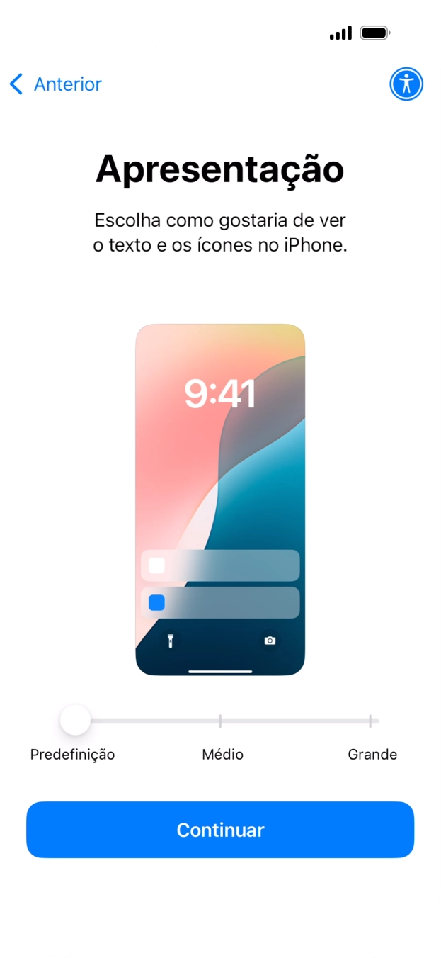 Escolha o tamanho pretendido para o texto e ícones no telefone e prima Continuar.