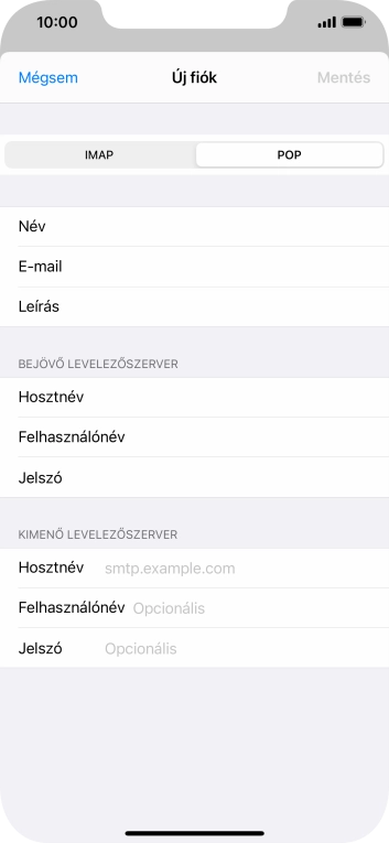 Kattints a Hosztnév mezőre, és írd be az e-mail szolgáltatód kimenő szerverének a nevét.