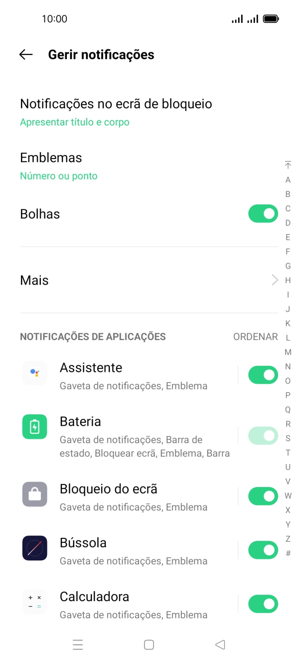 Prima o indicador junto às apps pretendidas para ativar ou desativar a função.