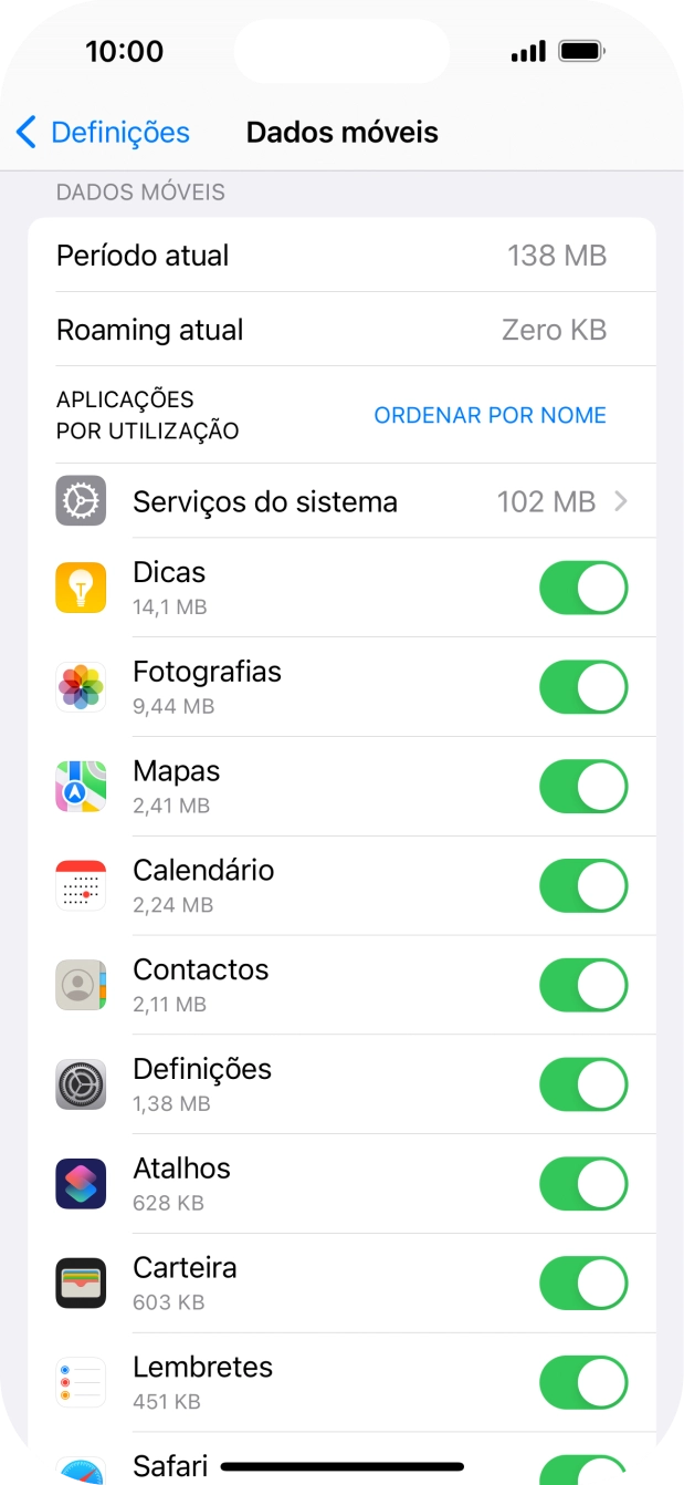 Prima o indicador junto das aplicações pretendidas para ativar ou desativar a função.
