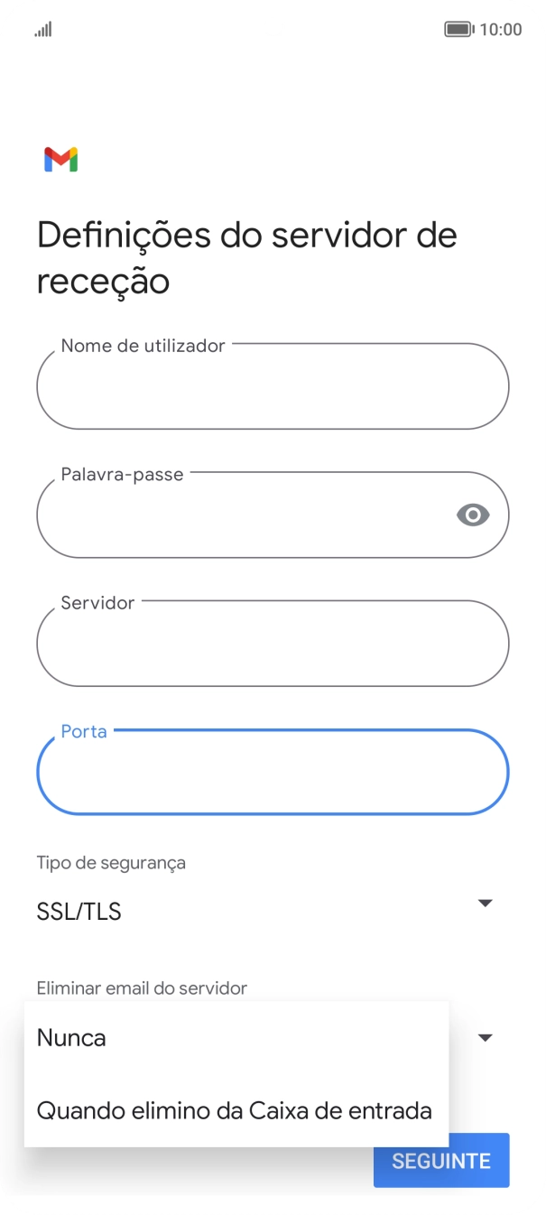 Prima Nunca para manter os e-mails no servidor quando estes são apagados no telefone.