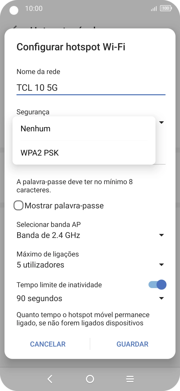 Prima WPA2 PSK para proteger o hotspot Wi-Fi com uma password.