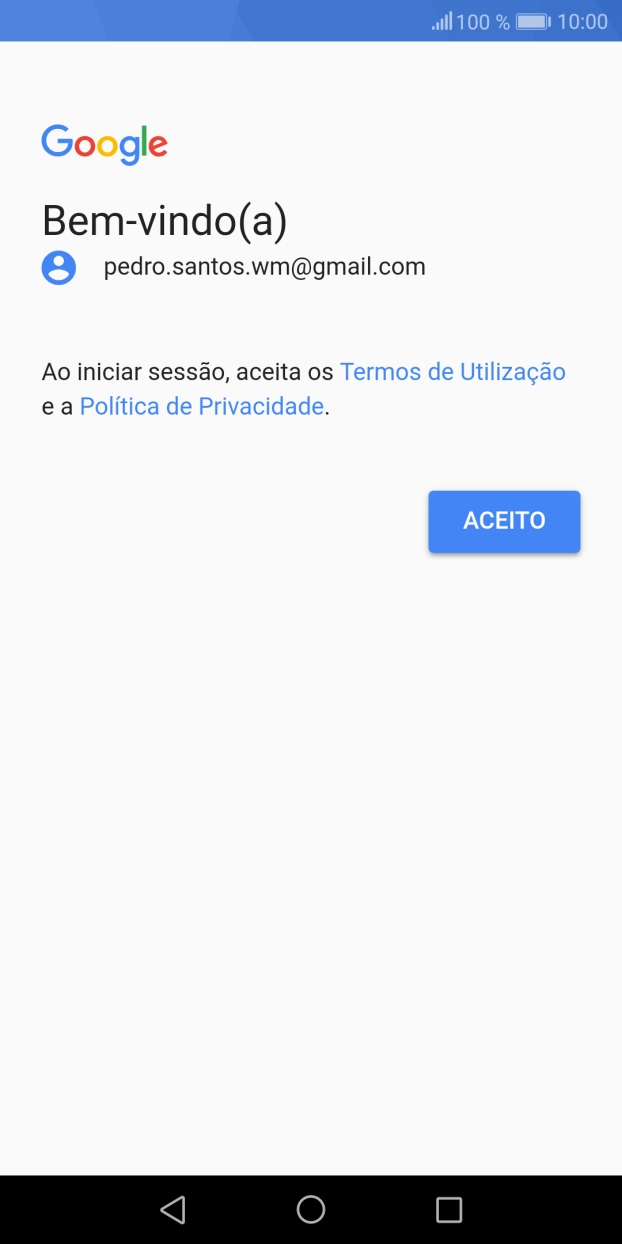 Prima ACEITO e siga as indicações no ecrã para escolher as definições da conta Google.