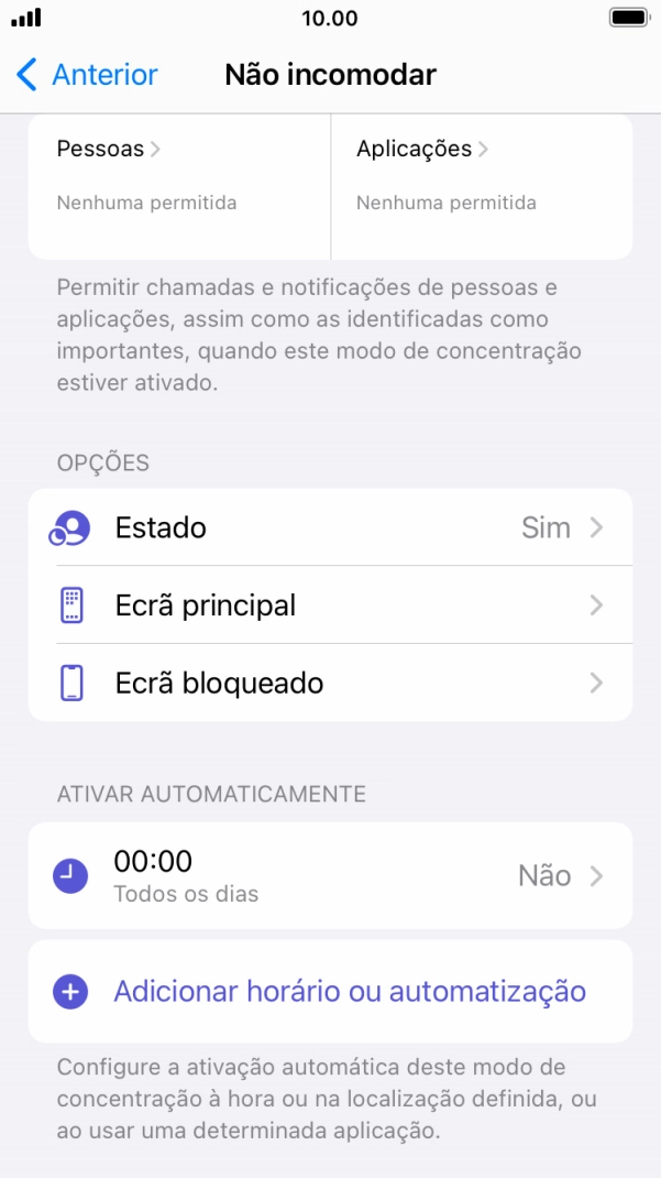 Prima Pessoas e siga as indicações no ecrã para escolher quais os contactos de que pretende receber chamadas e notificações, enquanto a função “Não incomodar” está ativada.