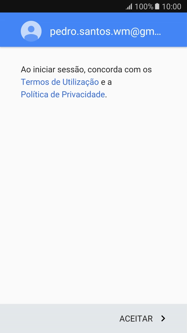 Prima ACEITAR e siga as indicações no ecrã para escolher as definições da conta Google.