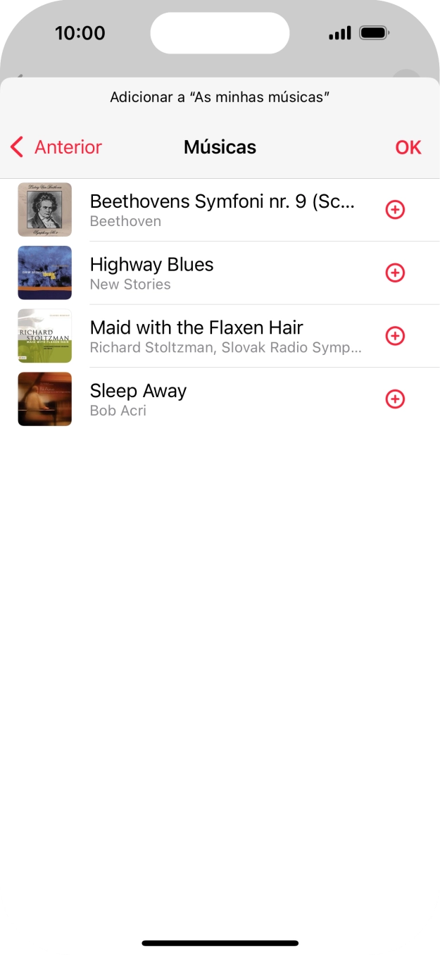 Vá até à categoria pretendida e prima o ícone para adicionar junto do ficheiro de música pretendido.