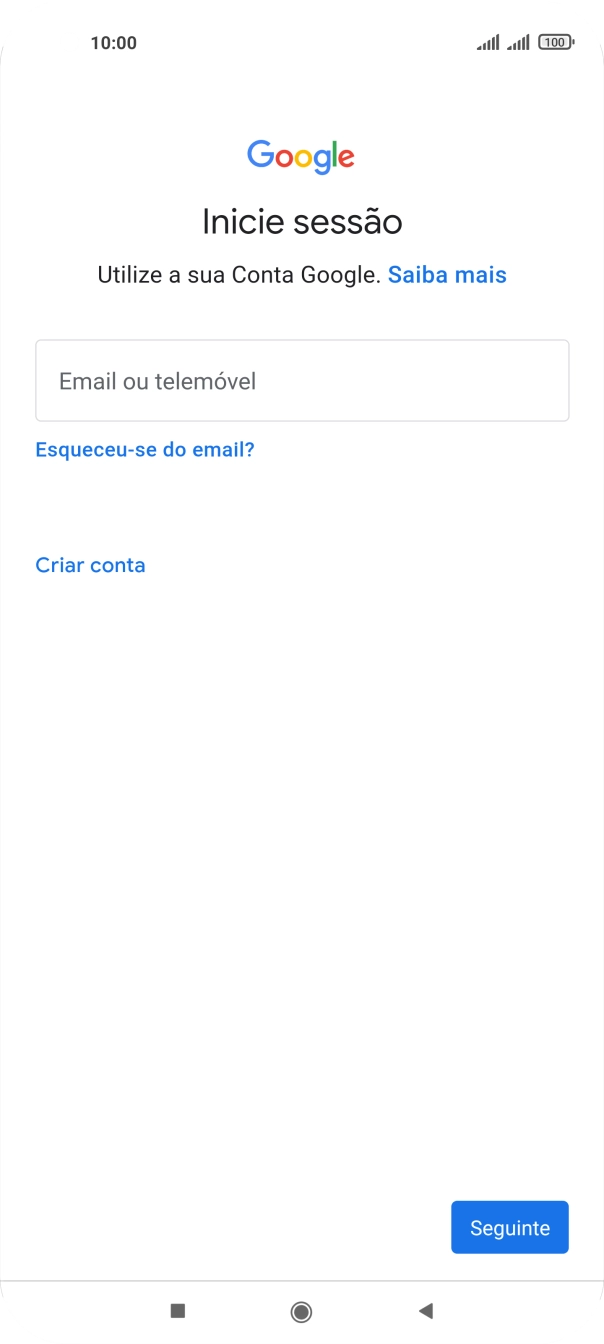 Se não tiver uma conta Google, prima Criar conta e siga as indicações no ecrã para criar uma conta.
