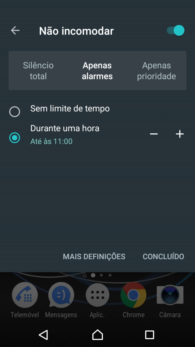 Para ativar o perfil silencioso, prima CONCLUÍDO.