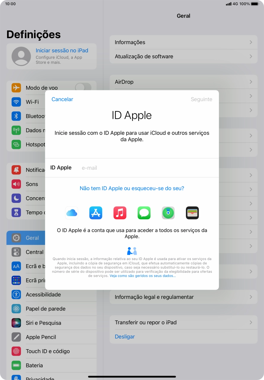 Se não tiver um ID Apple, prima Não tem ID Apple ou esqueceu-se do seu? e siga as indicações no ecrã para criar um ID Apple.