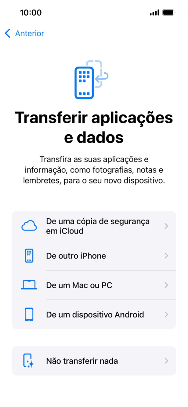 É possível transferir conteúdo de um telefone Android quando o telefone for ativado antes da primeira utilização e quando o telefone tiver sido reiniciado. Quando esta imagem for mostrada no ecrã, o telefone está pronto para transferir conteúdo de um telefone Android.
